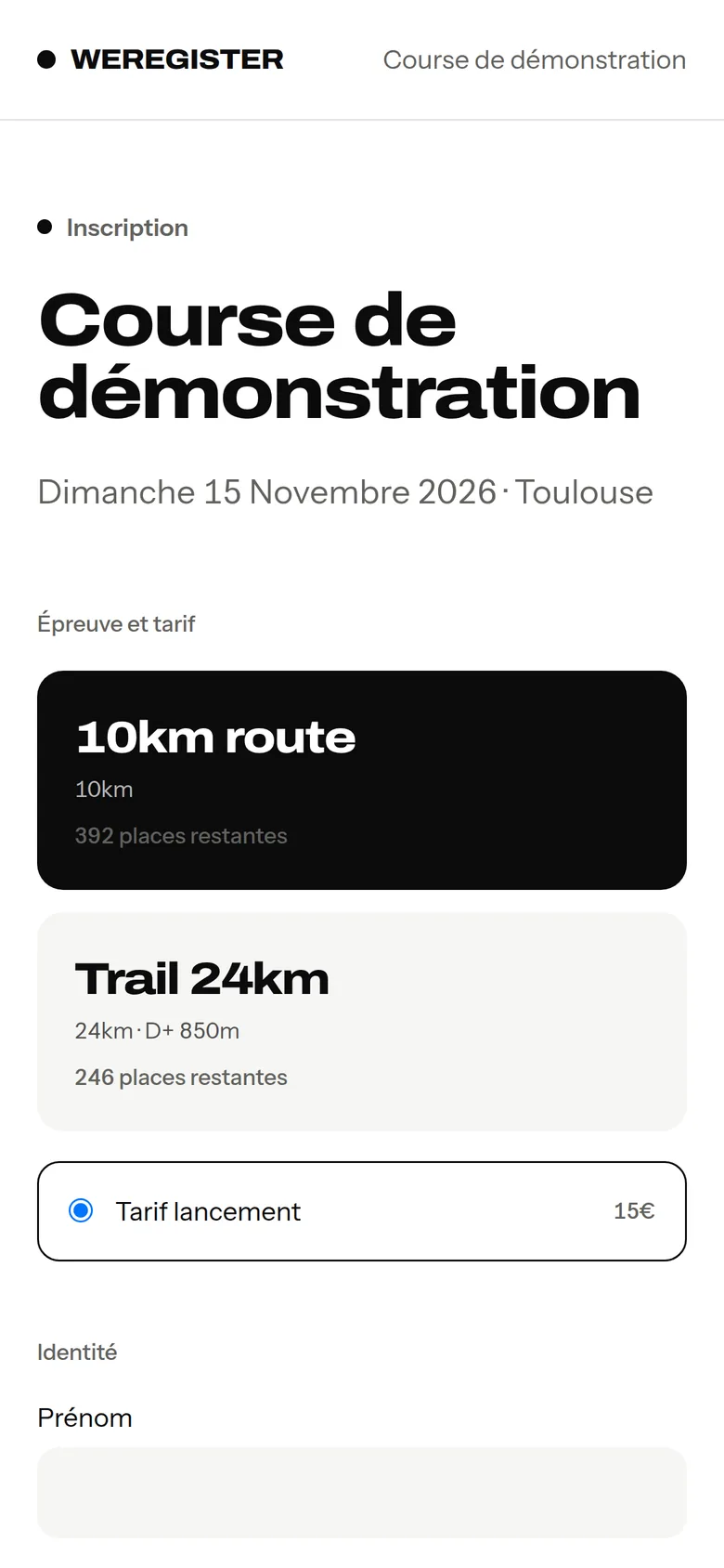 Le formulaire d'inscription d'une course sur téléphone