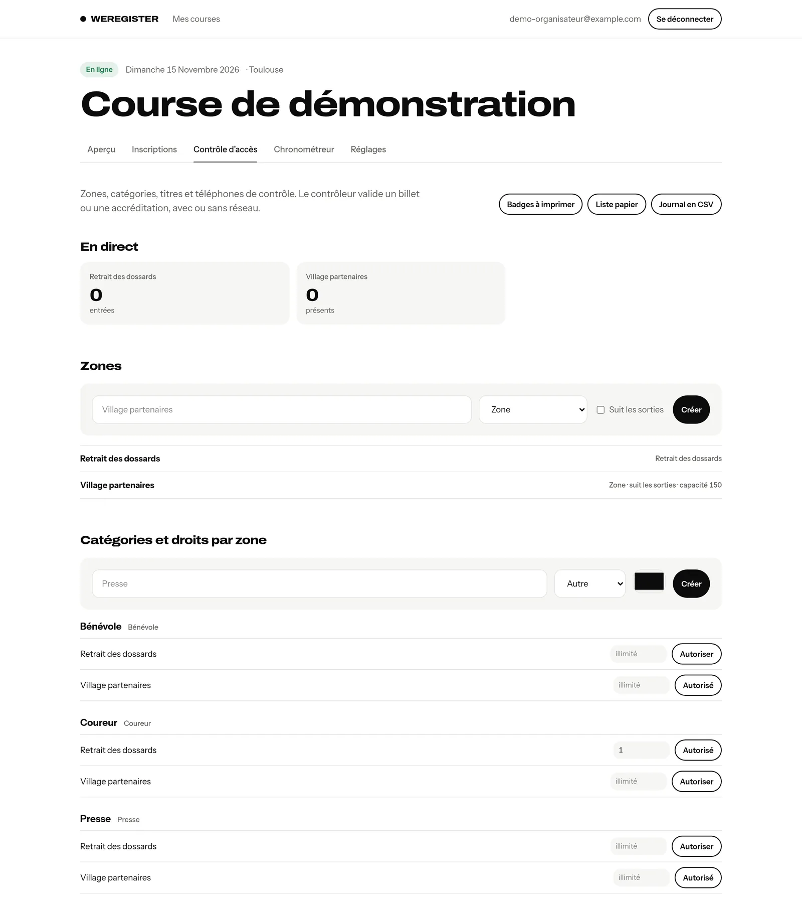 Le contrôle d'accès dans l'espace organisateur : zones, catégories, droits